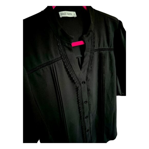 Grace Karin Women's Short Puff Sleeve Black Button Down V Neck Pleated Shirt XL - Picture 13 of 13